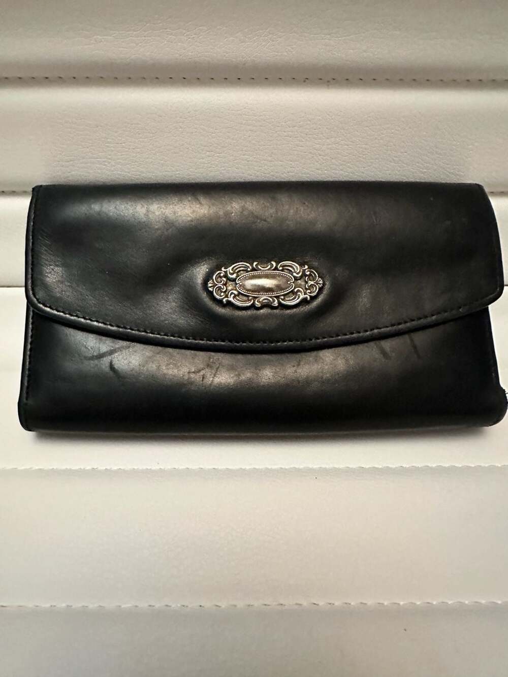 Vintage Fossil Black Leather Wallet with Ornate Silver Tone Medallion Flap